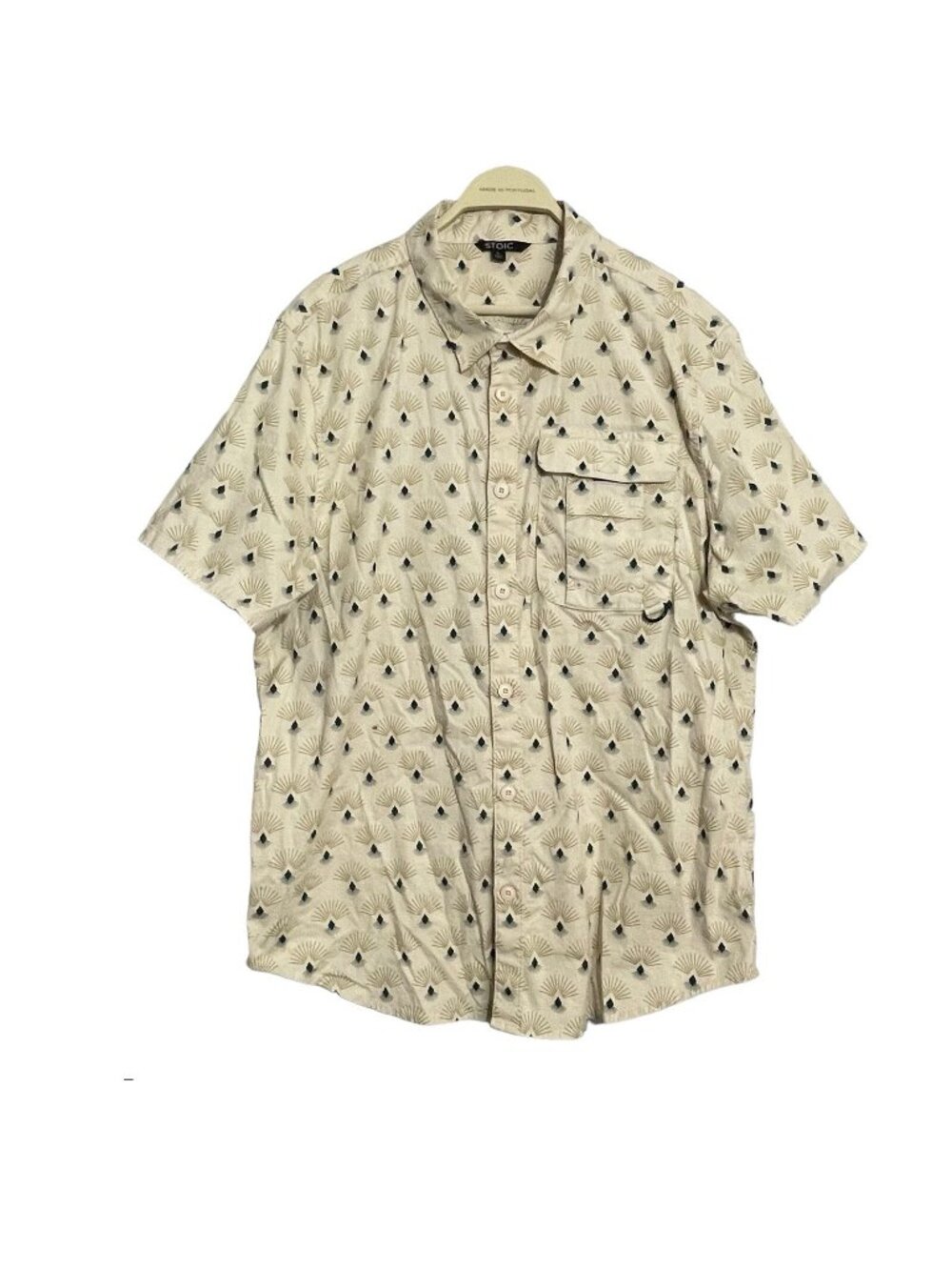 Stoic Button Camp Shirt Men Size XL Hawaiian Hawaii Beige Retro Patterned Pocket